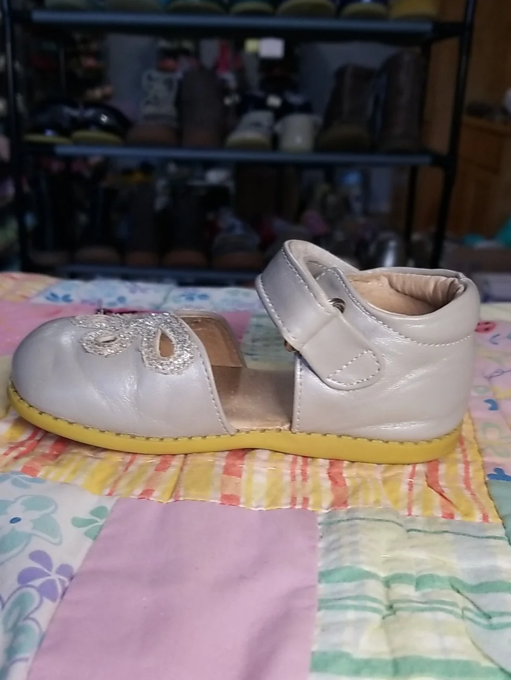 Livie & Luca Silver Leather Mary Jane Shoes with Silver Glitter Petals Size 8